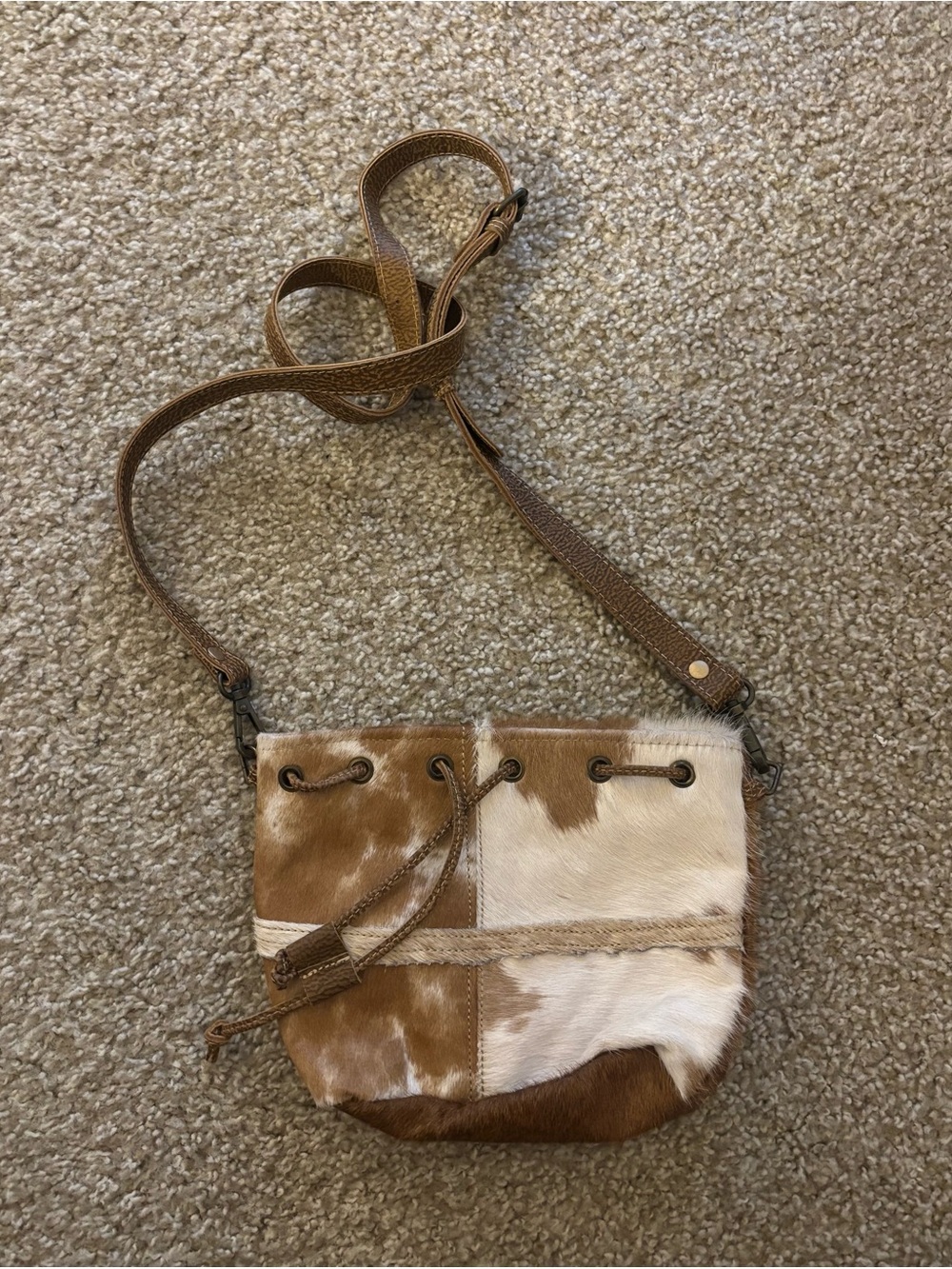 Myra Bag Brown and White Haircalf Patch Crossbody